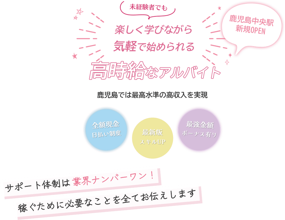 鹿児島中央駅新規OPEN！未経験者でも楽しく学びながら気軽で始めらる高時給なアルバイト。鹿児島では最高水準の高収入を実現。サポート体制は業界ナンバーワン！稼ぐために必要なことを全てお伝えします